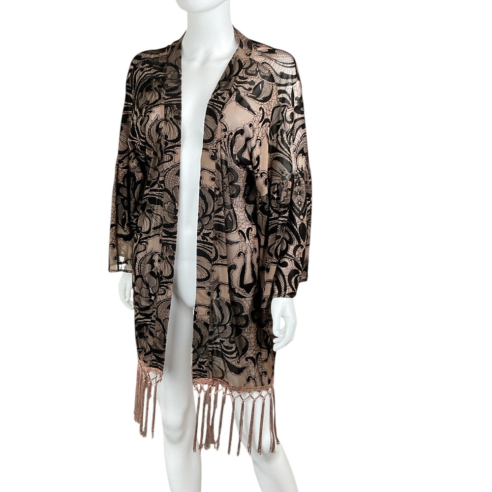 Umgee Black Lace Fringe‎ Kimono Duster Medium/Large Boho Bohemian Festival